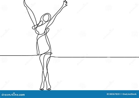 Continuous Line Drawing Of Happy Woman Stretching Stock Vector