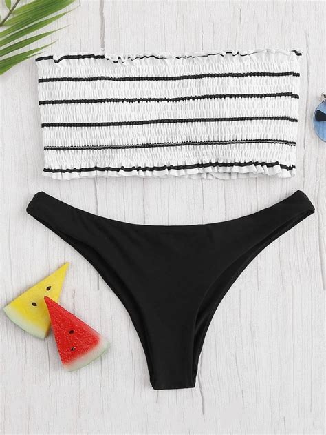 Random Striped Shirred Bandeau With High Leg Bikini SheIn Sheinside