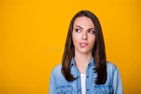 Portrait Of Minded Pensive Girl Look Copyspace Bite Lips Teeth Think Thoughts Wear Casual Style