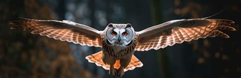 Beautiful Owl Flying In The Autumn Forest With Stock Photo