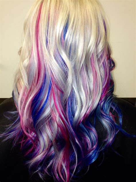 Platinum Blonde Hair With Blue Pink And Purple Streaks Blonde With