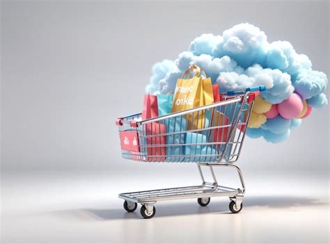 Premium AI Image Seamless Shopping 3D Shopping Cart With Cloud For