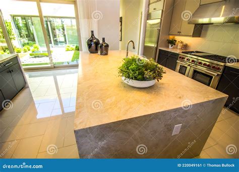 Kitchen Granite Counter Island in Modern Home Stock Image - Image of ...