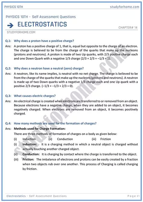 Electrostatic Self Assessment Questions Physics 10th