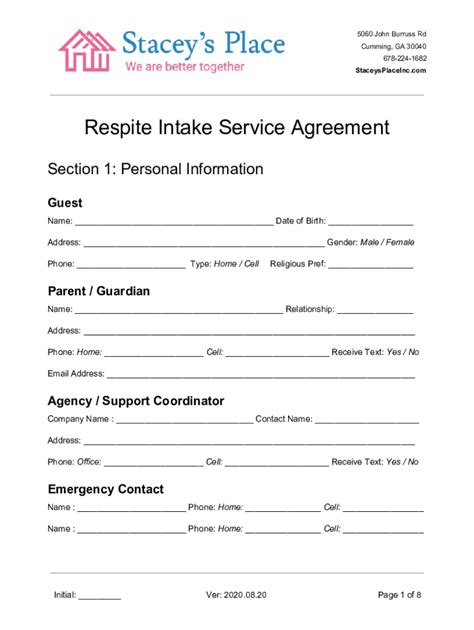 Fillable Online Respite Intake Service Agreement Stacey S Place Fax