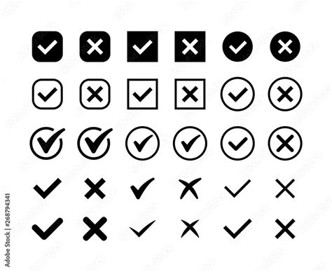 Black Silhouette Check Mark And Cross Icon Set Circle And Square Tick