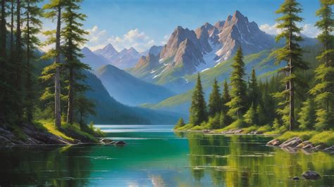 Oil painting capturing a scenic lakeside nestled within a fo... by ...