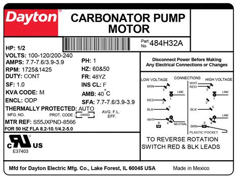 Dayton Carbonator Pump Motor Hp Split Phase Nameplate Rpm