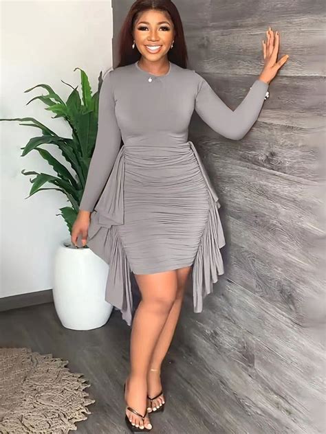 Plus Size Long Sleeves Round Neck Mini Dresses Ruffled Dress Women