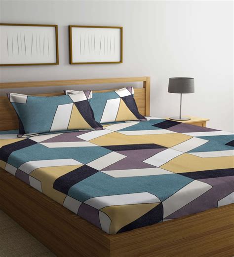 Buy Teal Geometric 300 TC Cotton Blend Double King Size Bedsheet with 2 Pillow Covers by ...