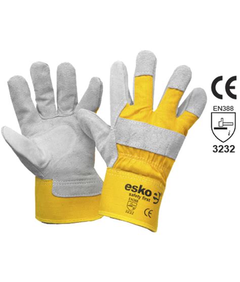 Esko Heavy Duty Leather Cotton Glove Grey Yellow With Safety Cuff