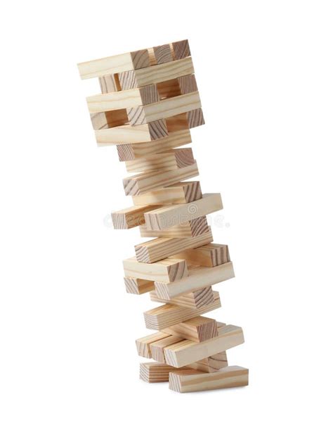 Jenga Tower Made Of Wooden Blocks Falling On White Background Stock