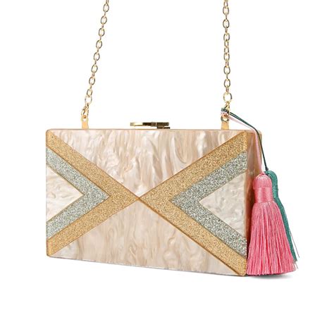 Nude Silver Gold Glitter With Tassels Acrylic Clutch