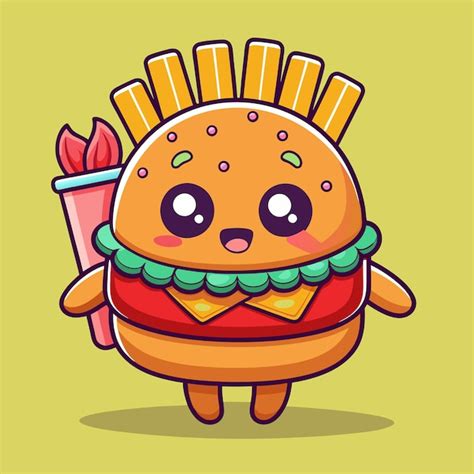 Cute Burger Holding French Fries Cartoon Vector Icon Illustration Food Object Icon Concept