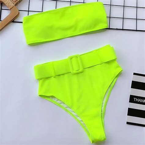 Sexy Neon Green Swimsuit High Waist Bikini 2021 Women Thong Swimwear