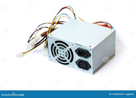 Grey Power Supply For The Computer With Cables Unit For Pc On White