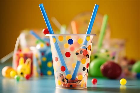 Premium Photo | A plastic cup with blue straws and red dots on it with ...