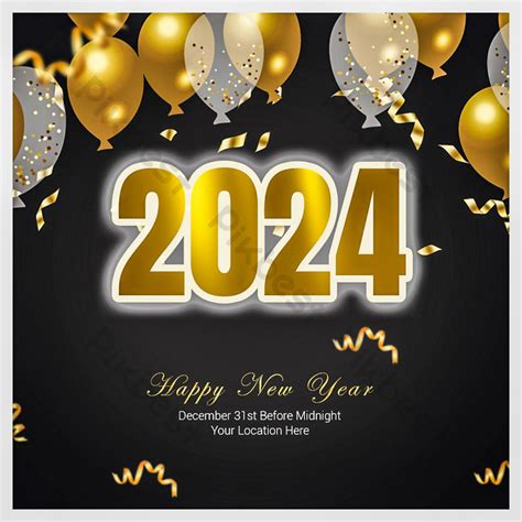 New Year Holiday Poster Gold Silver Black Balloons 2024 Party | PSD ...