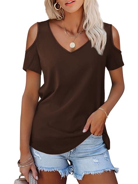 Jylfc Women Cold Shoulder T Shirts Short Sleeve Blouse V Neck Shirts