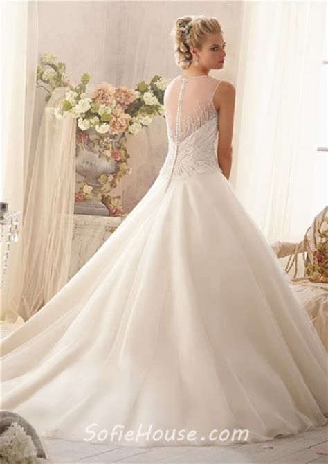 Unusual Ball Gown Illusion Neckline Sheer Back Tulle Beaded Wedding Dress With Buttons