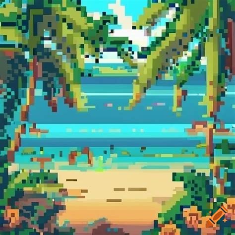 Pixel Art Tropical Paradise With Beaches Jungles And Tropical Animals