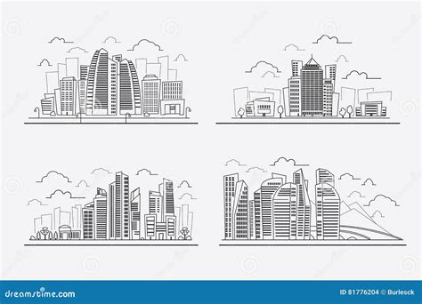 Line Drawing Skyscrapers, Vector Contour Cityscape Elements Stock ...