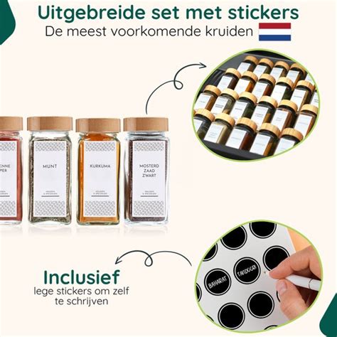 X Glazen Kruidenpotjes Vierkant Bamboe Kruiden Labels