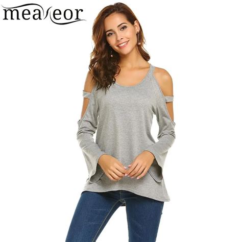 Meaneor Cold Shoulder Flare Sleeve Women T Shirts Casual O Neck Women