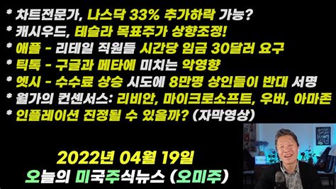 오늘의 미국주식뉴스 캐시우드 테슬라 목표주가 상향조정 애플 리테일 직원들 시간당임금 30달러요구 틱톡이 구글과메타에