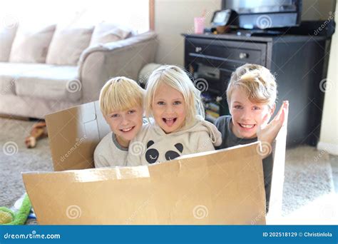 Happy Little Kids Playing in Cardboard Box Stock Image - Image of ...