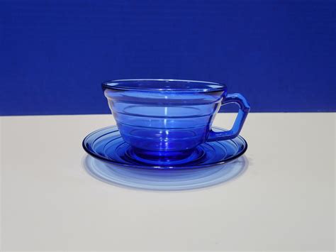 Vintage Cobalt Blue Depression Glass Tea Cup And Saucer Etsy