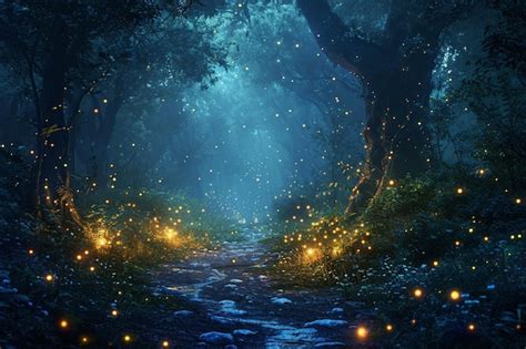 Premium Photo | Magical forest path with glowing fireflies night magical fantasy forest forest ...