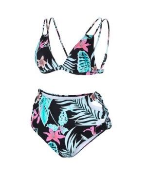 High Waisted Print Bikini Set Cut Out Strappy Swimsuit For Women Floral Leaf Cf Hgnek