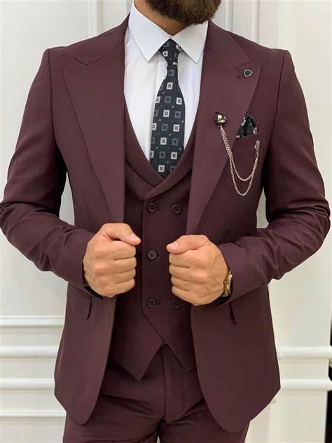 Burgundy Slim Fit Wide Peak Lapel Suit For Men By