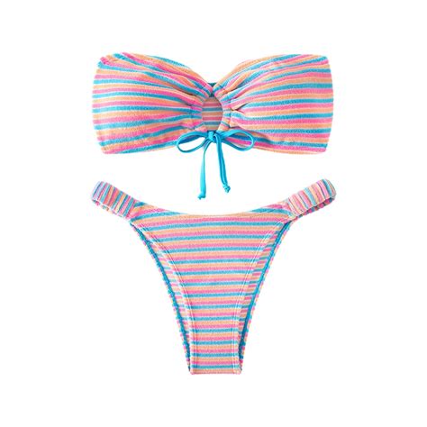 WREESH Womens Bandeau Bikini Sets High Cut Bikini Colorful Striped Swimsuit Two Piece Split