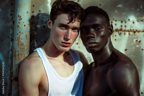 Portrait Of Two Attractive Gay Men One Black Shirtless Guy And One White Man Wearing A Tank Top