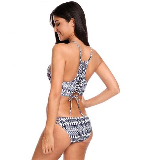 Women Sexy Two Pieces Swimwear Halter Keyhole Printing Bikini Set Blue Cj M N X