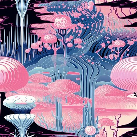 Illustration Of A Pink And Blue Landscape With Trees And Bushes