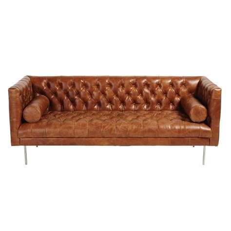 Brown 3 Seater Leather Tufted Sofa Maisons Du Monde Brown Leather