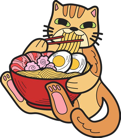 Hand Drawn Striped Cat Eating Noodles Illustration In Doodle Style 17303058 Png