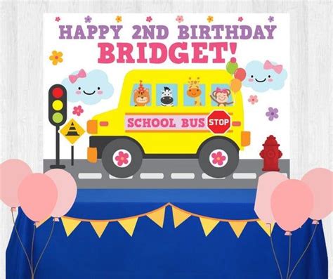 a school bus birthday card with balloons and streamers in front of the ...