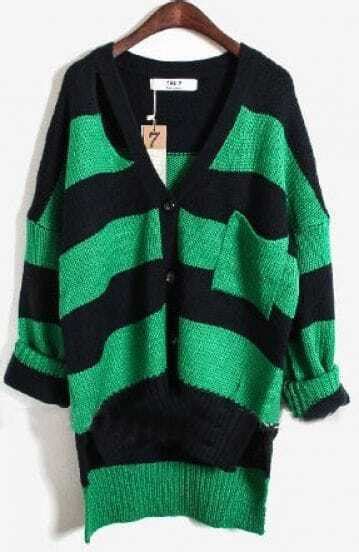 Green Navy Striped Hollow Pocket Cardigan Sweater Sheinsheinside