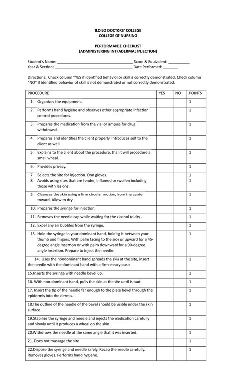 Intradermal And Intramascular Checklist Iloilo Doctors College