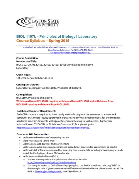 BIOL 1107L Principles Of Biology I Laboratory Course Syllabus