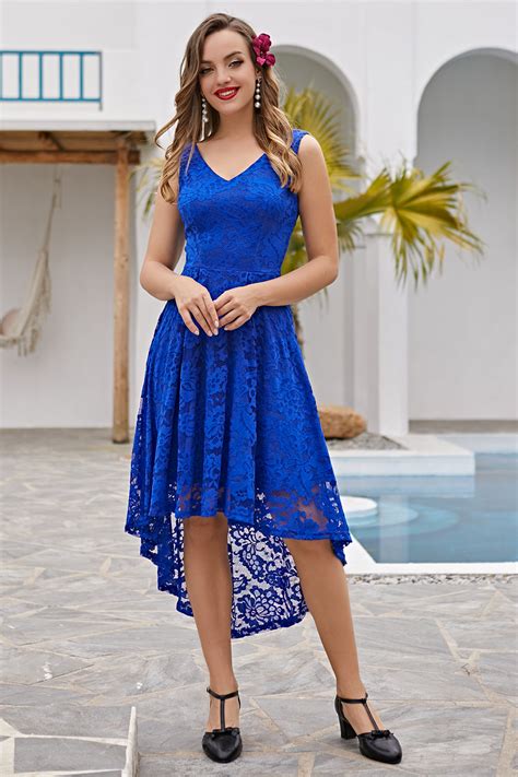 Zapaka Women Royal Blue Lace Dress Asymmetrical A Line V Neck High Low Lace Dress Zapaka Ca