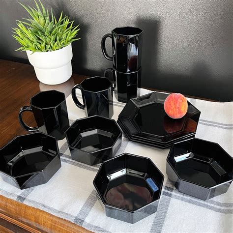 Arcoroc Octime Black Glass Dishes Breakfast Set With Coffee Etsy