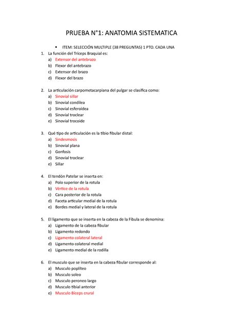 Examen Preguntas Y Respuestas Prueba N Anatomia Sistematica