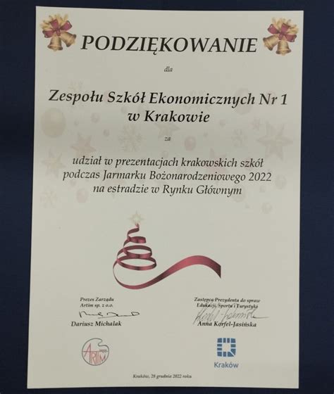 Podziękowanie za udział w Jarmarku Bożonarodzeniowym ZSE 1