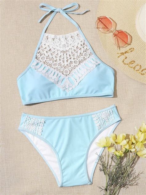 Crochet Lace Panel Halter Cheeky Bikini Swimsuit