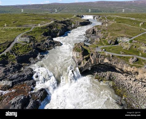 Drone view at Godafoss waterfall on Iceland Stock Photo - Alamy